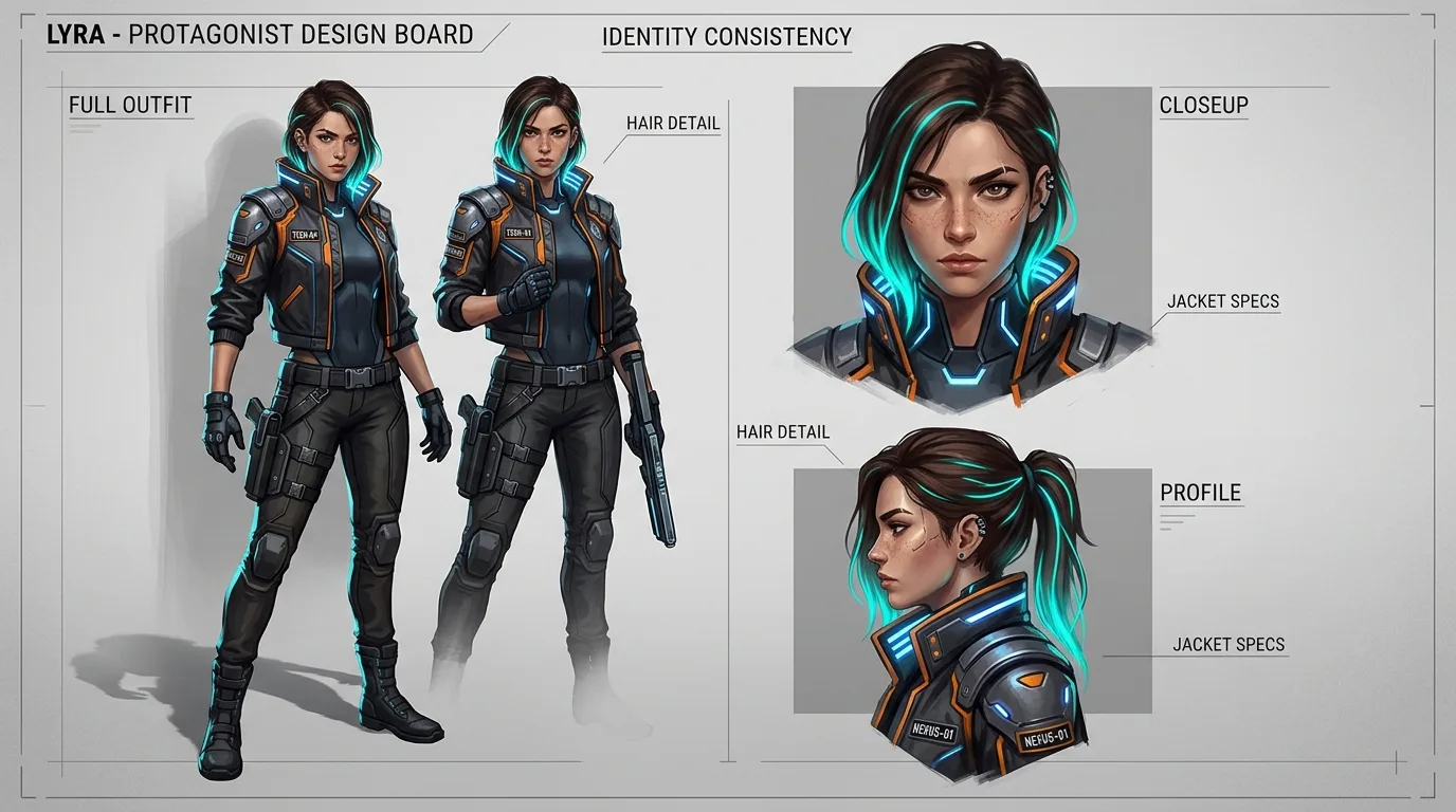 GPT Image 2.5 multi-reference character design sheet showing identity consistency